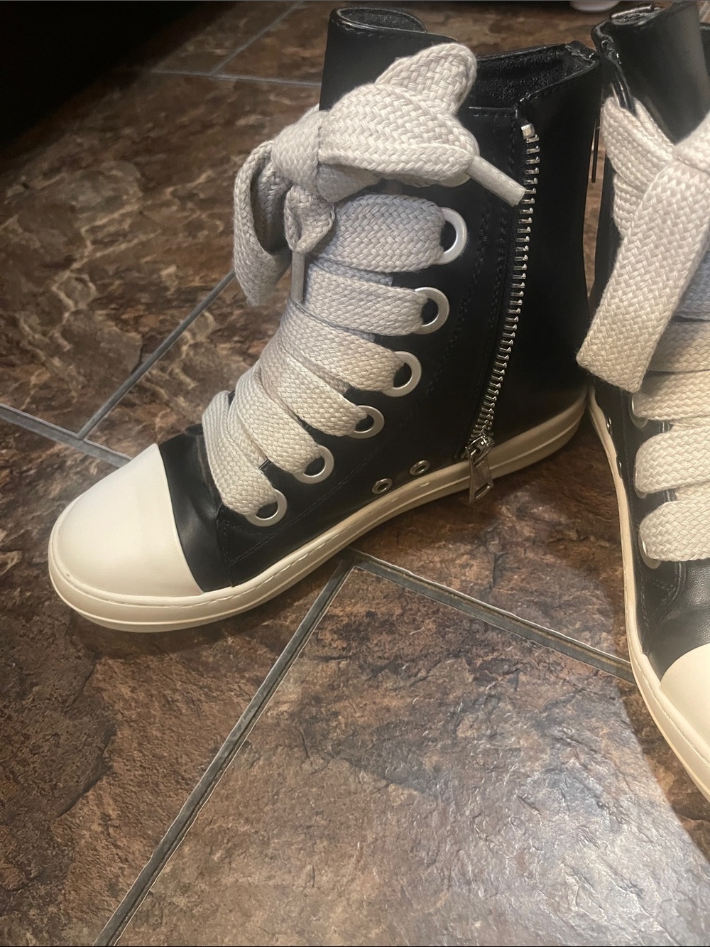 Black & Cream High-Top Lace-Up Sneakers with Side Zip